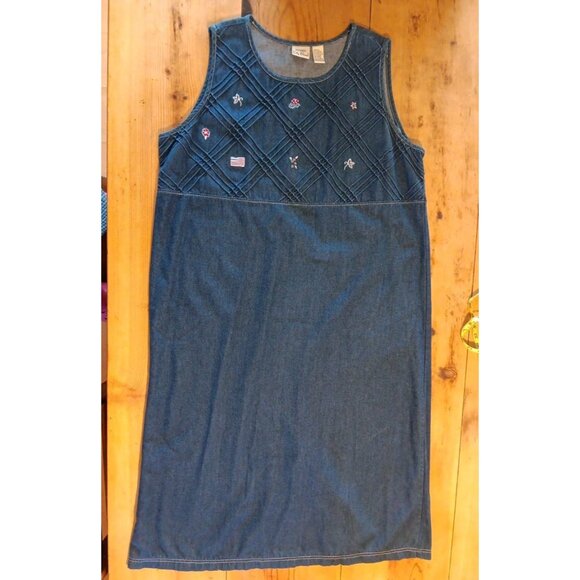 Koret Dresses & Skirts - Vtg Koret City Blues Jumper Dress Womens 20W Denim Embroidered Cottagecore Flag